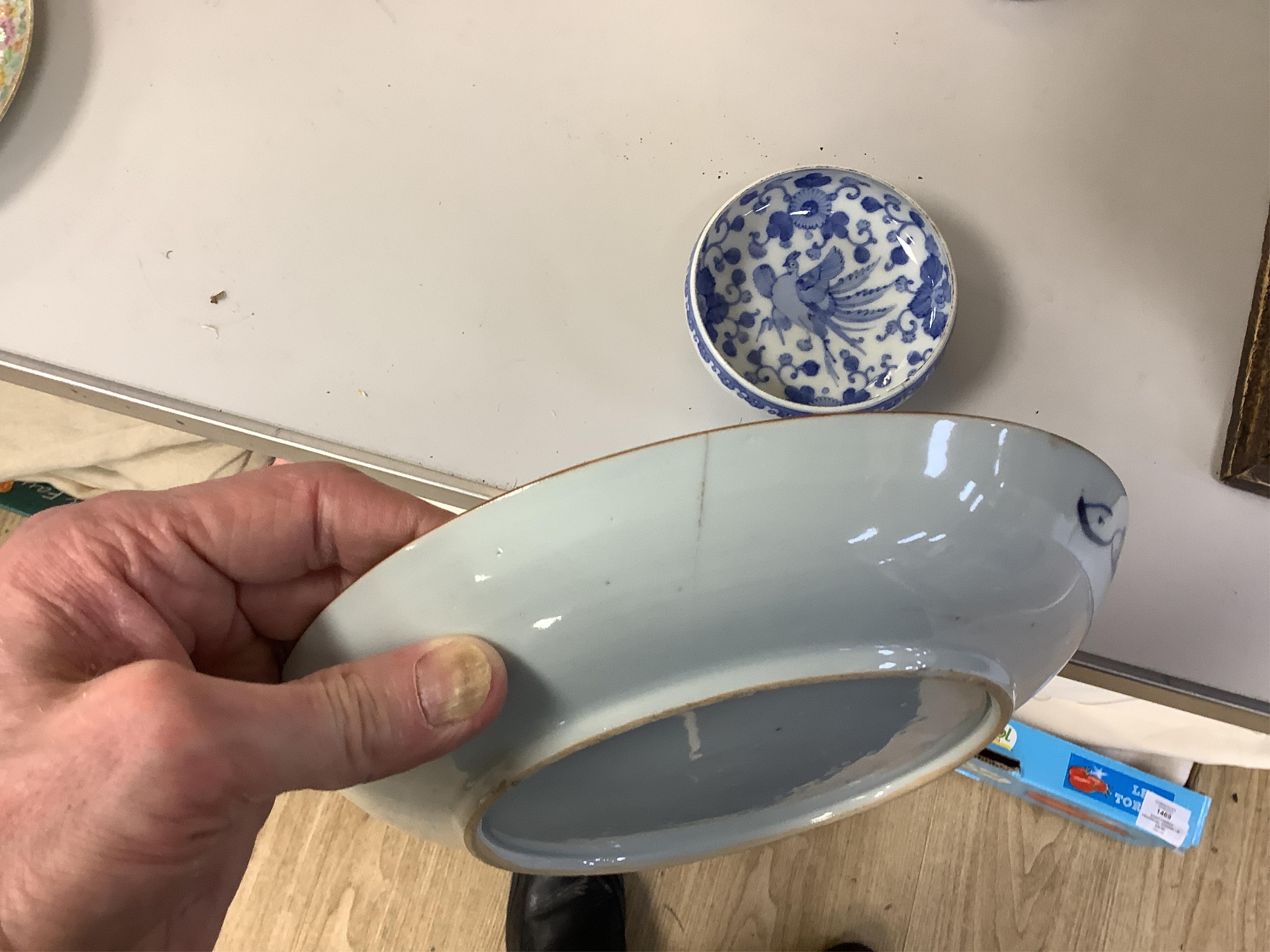 A collection of Chinese ceramics, 18th century and later to include a blue and white vase and cover, ‘goldfish’ charger and various bowls, largest 36cm in diameter